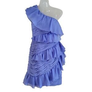 Marchesa Notte Ruffle Pleated One Shoulder Dress Blue Silk Organza Gown Size 4